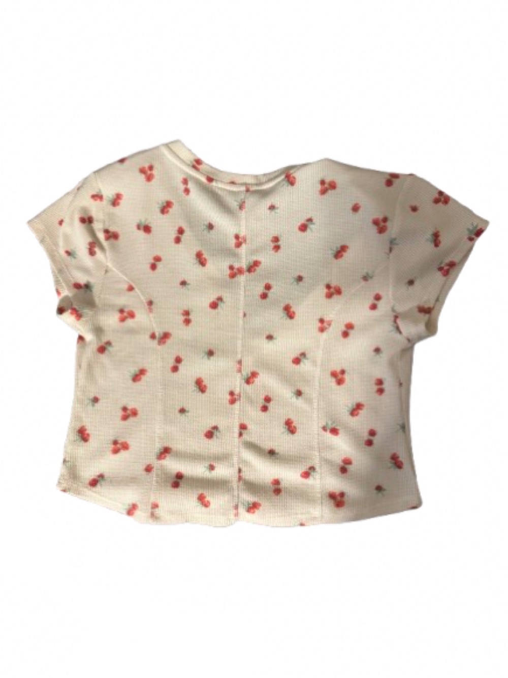 Cream Cherry Print Ribbed Crop Top-Size Large - Picture 3 of 4